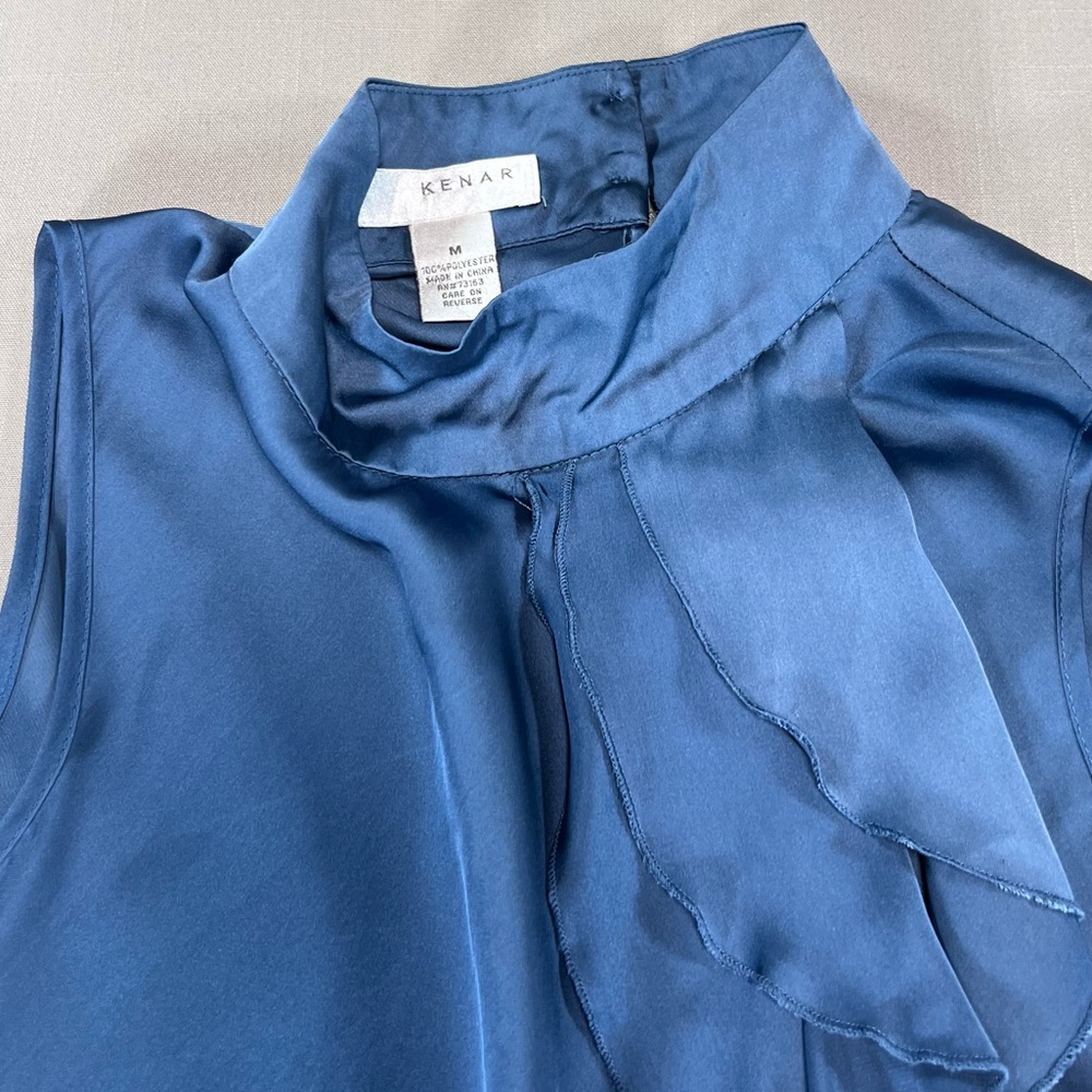 Kenar Women’s M Blue Satin Ruffle Front Sleeveless Top Mock Neck Blouse - Picture 3 of 13